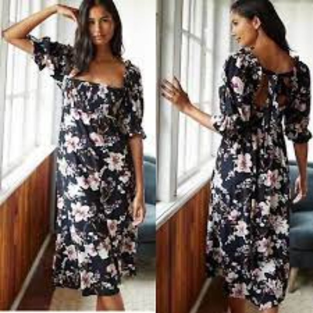 Anthropologie Puff Sleeve Smocked Dark Floral Dress